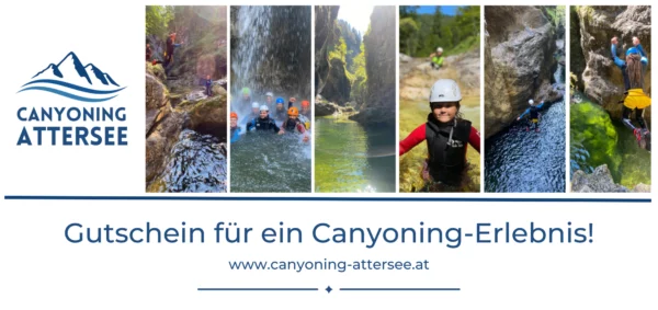 Canyoning Gutschein Vorderseite – Erlebnisgutschein für ein Canyoning-Abenteuer am Attersee, mit Website-Link.